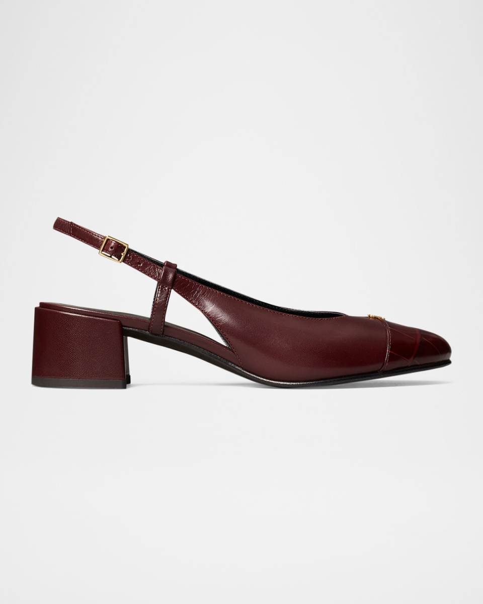 Mixed Leather Cap-Toe Slingback Ballerina Pumps
